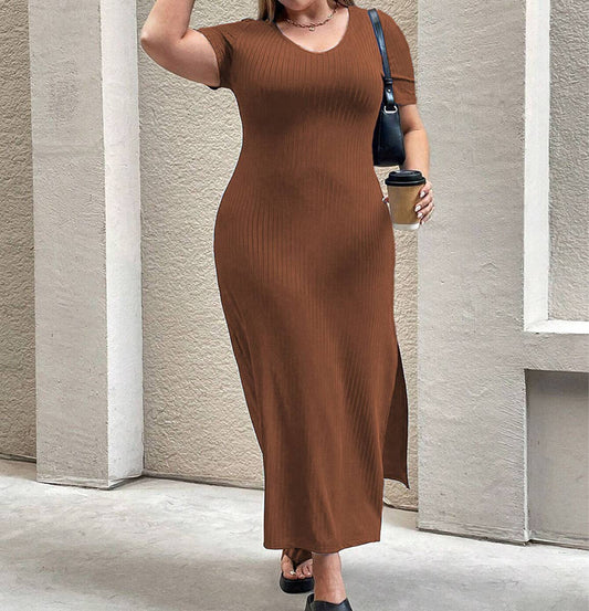 Elegant Waist-Slit Short Sleeve Bodycon Dress