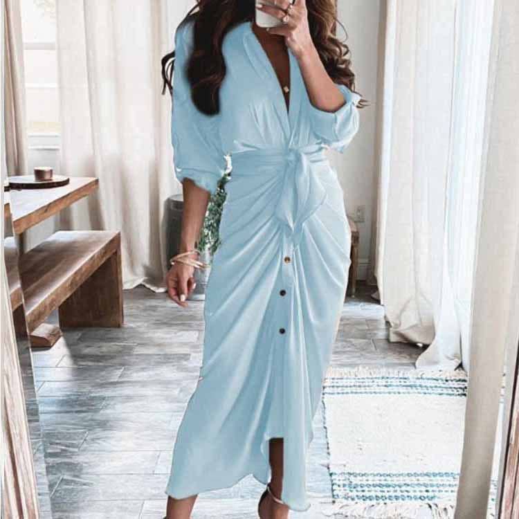 V-neck button-up long-sleeved shirt dress