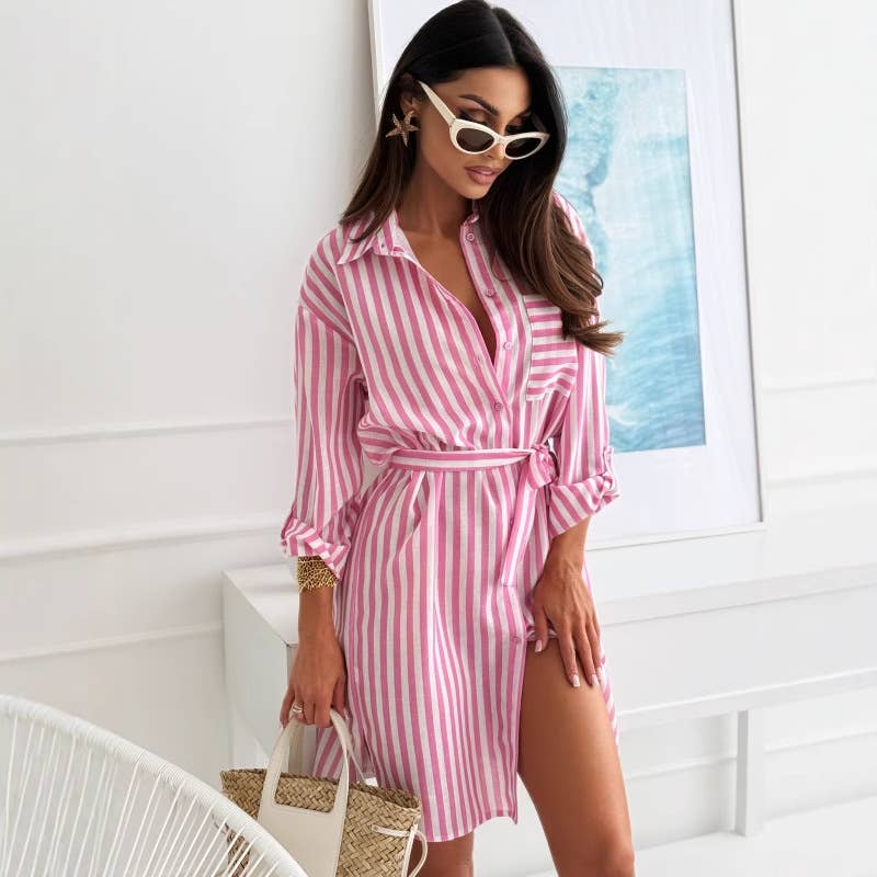 Striped printed lapel loose belt dress