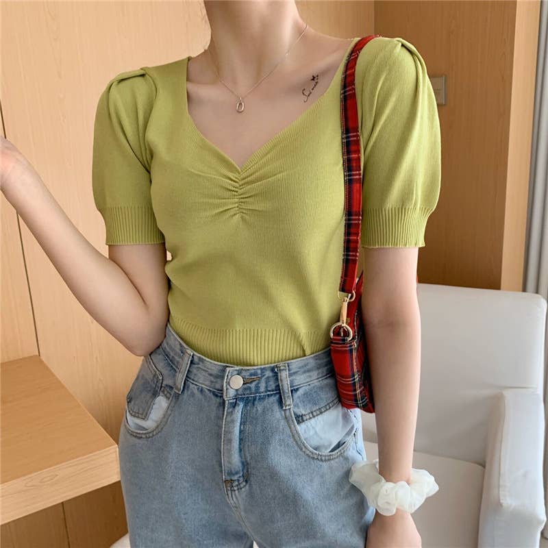 VINTAGE V-NECK PUFFY SLEEVE KNIT BASE T-SHIRT