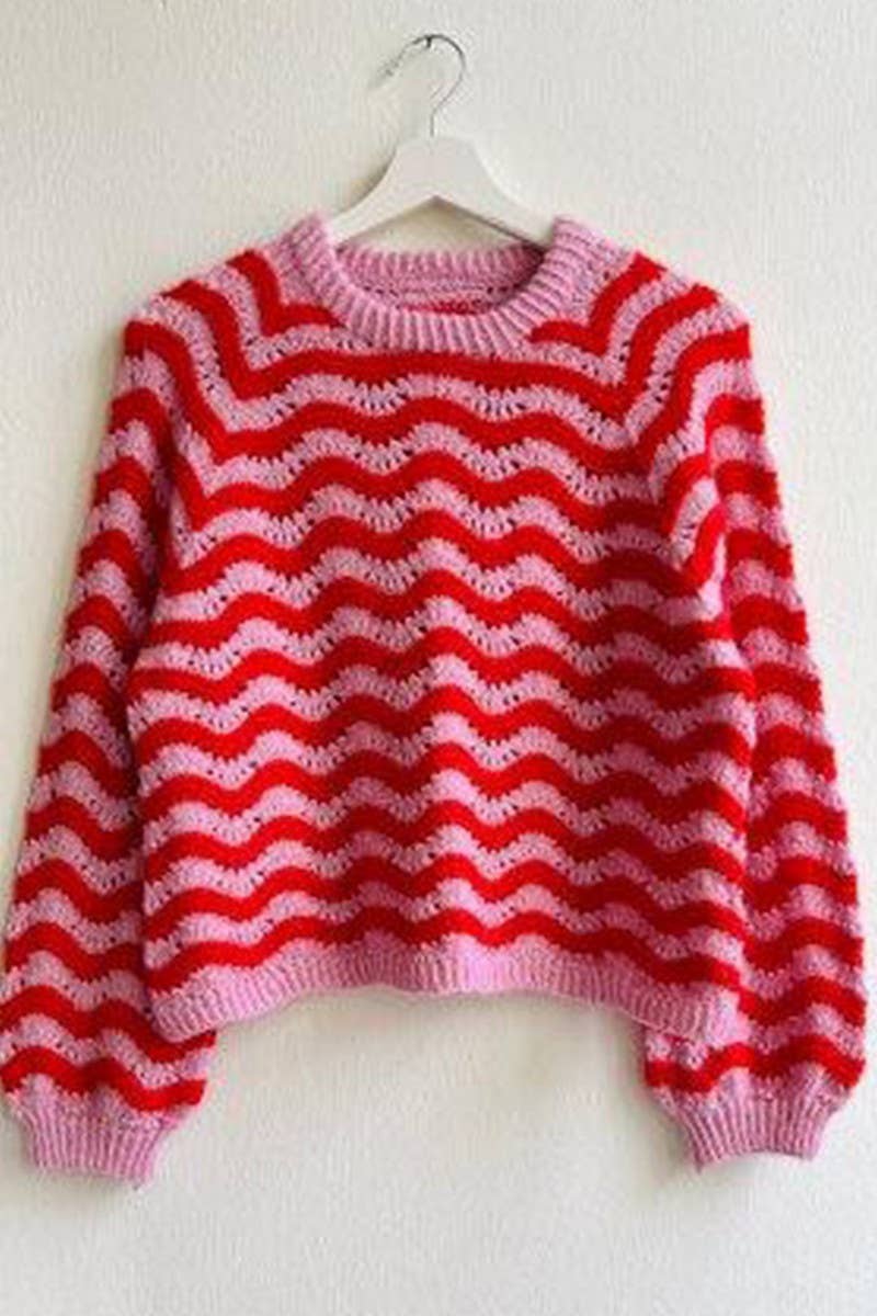 CWOSWL07449_CREW NECK WAVY STRIPE CASUAL KNIT SWEATER