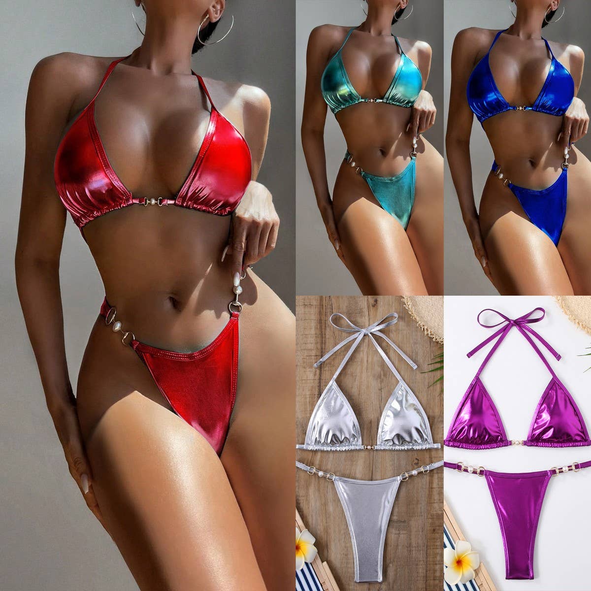 TIE SIDE BIKINI SET - SHINY SOLID COLOR SWIMSUIT