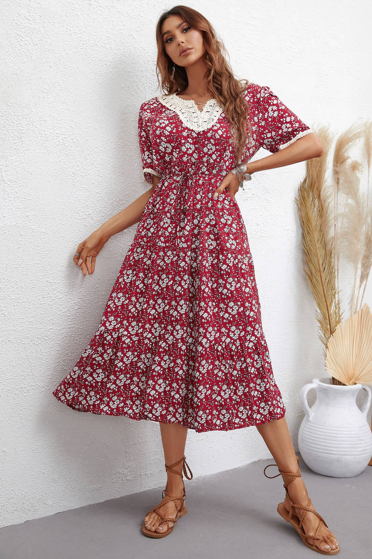 V-NECK FASHION PRINT SLIM-FIT WAISTLINE DRESS