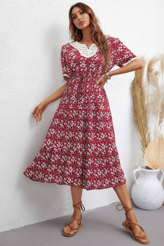 V-NECK FASHION PRINT SLIM-FIT WAISTLINE DRESS