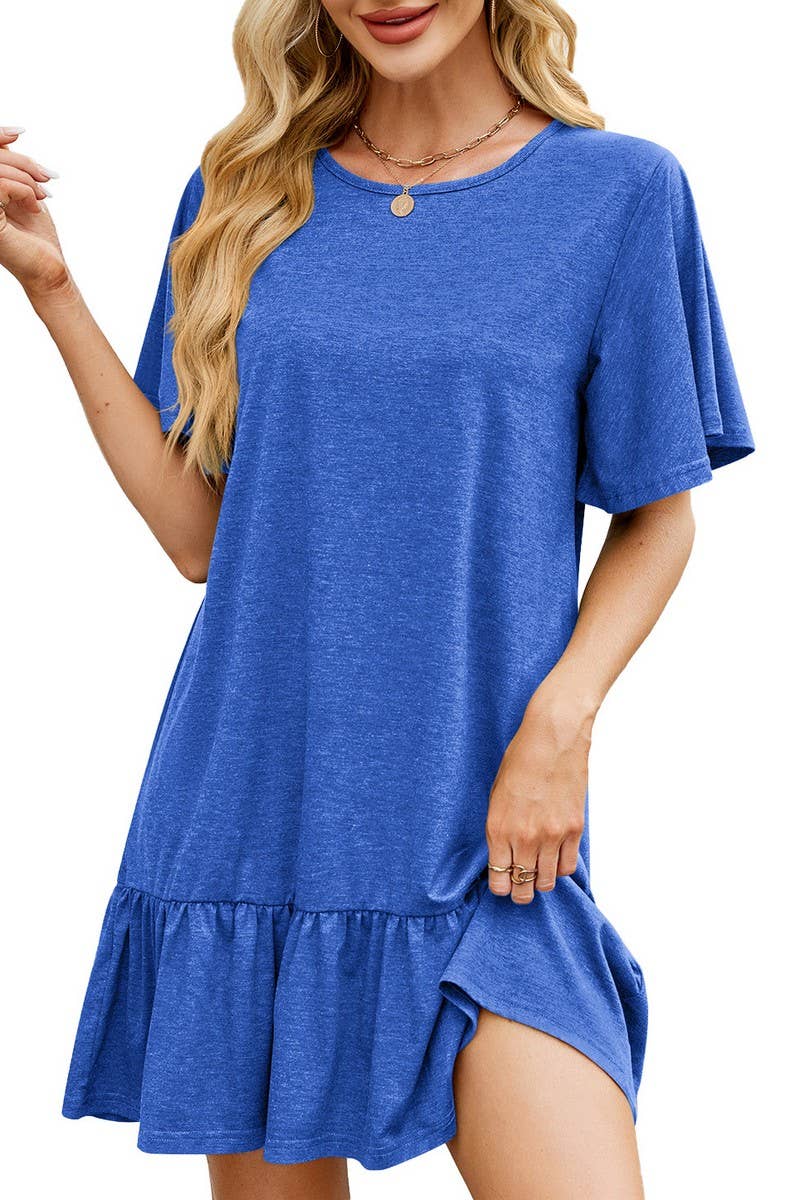 CWDSD7282_SOLID COLOR ROUND NECK LOOSE SHORT SLEEVE DRESS