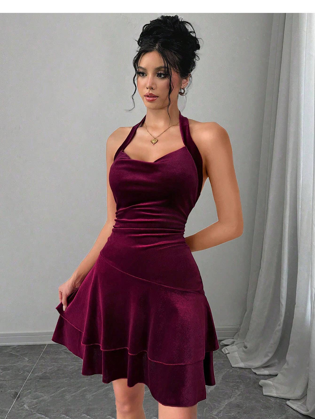 A sexy velvet solid-color off-the-neck dress