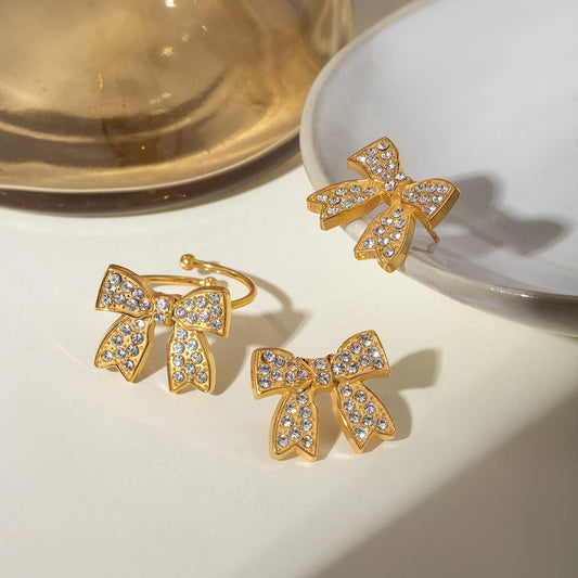RETRO HIGH-END BOW EARRINGS AND RING SET_CWAJE1887