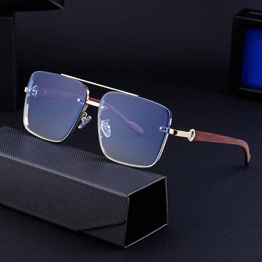 SQUARE FRAME FAUX WOOD GRAIN TEMPLE SUNGLASSES_CWASG0562