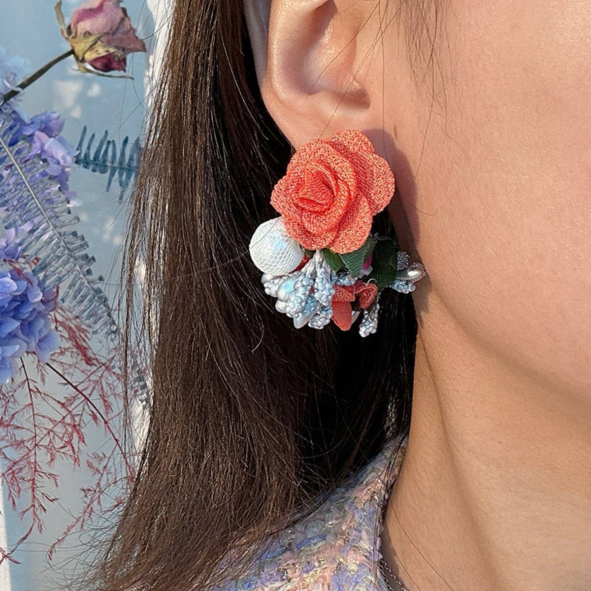 Pearl Fabric Flower Stud Earrings ??Unique Design_CWMM6256