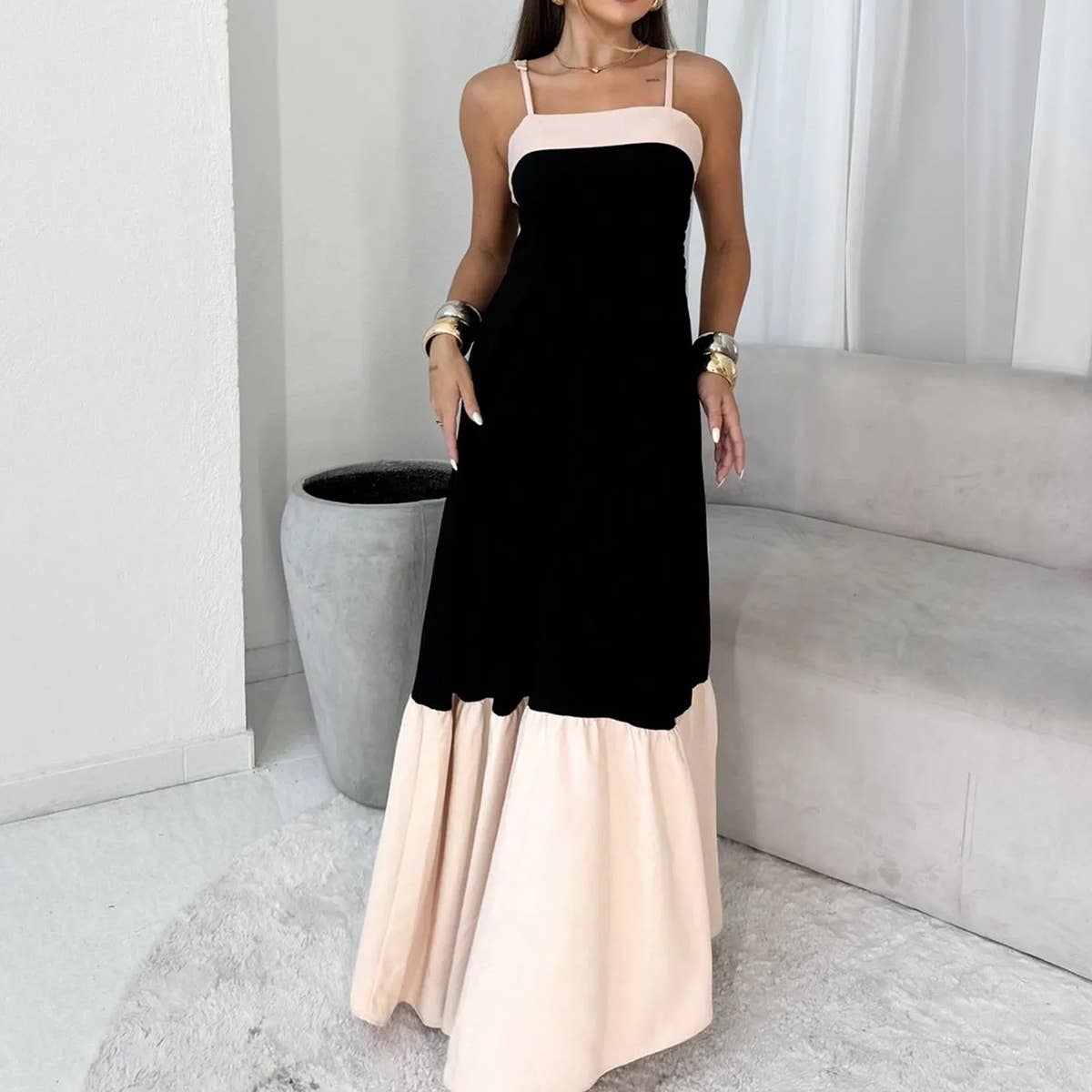 Fashionable long color-blocking halter dress
