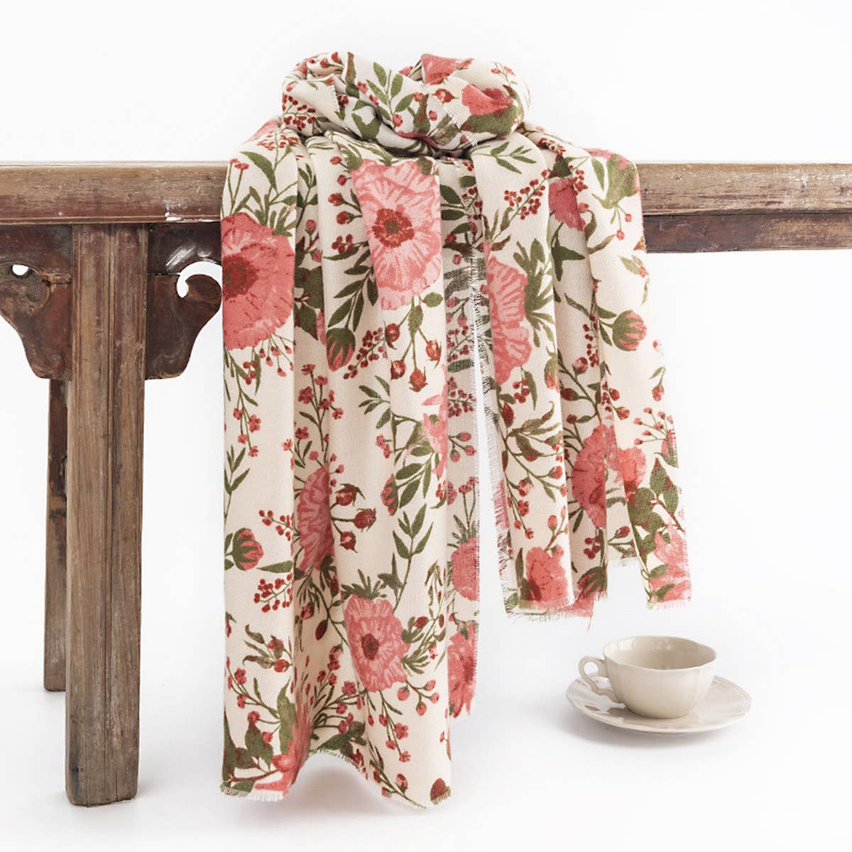 Floral Print Long Faux Cashmere Scarf, Warm Shawl