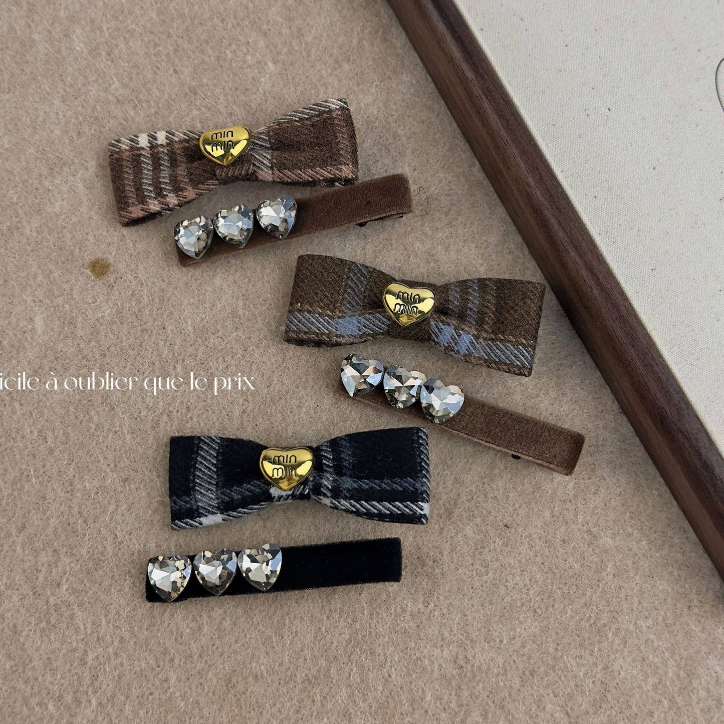 French fancy check rhinobrown heart bow hair clip