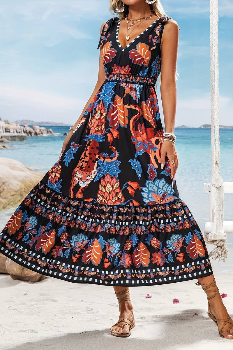 CWDMD6391_BEACH VACATION LOOSE V-NECK PRINTED DRESS