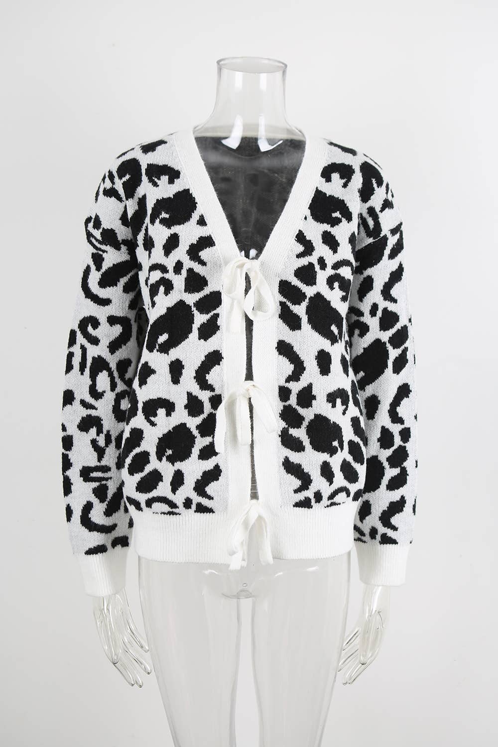 Leopard print jacquard bow tie cardigan