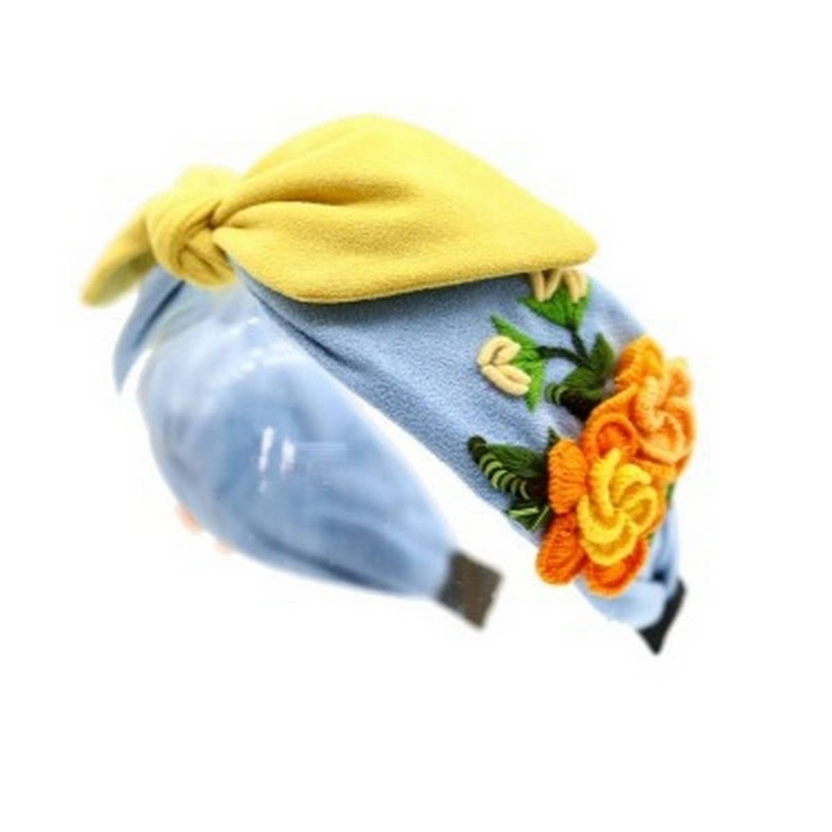 Hand-Embroidered Camellia Bow Headband with Daisy