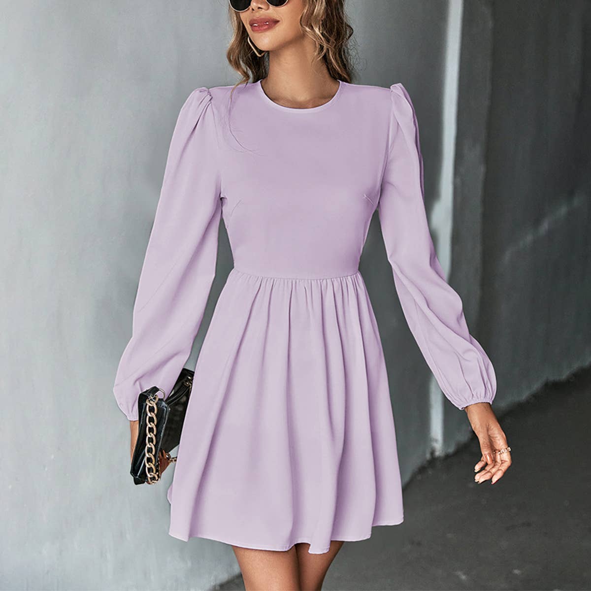 SWEET WAISTED A LINE HALTER LONG SLEEVE DRESS_CWDSD3251