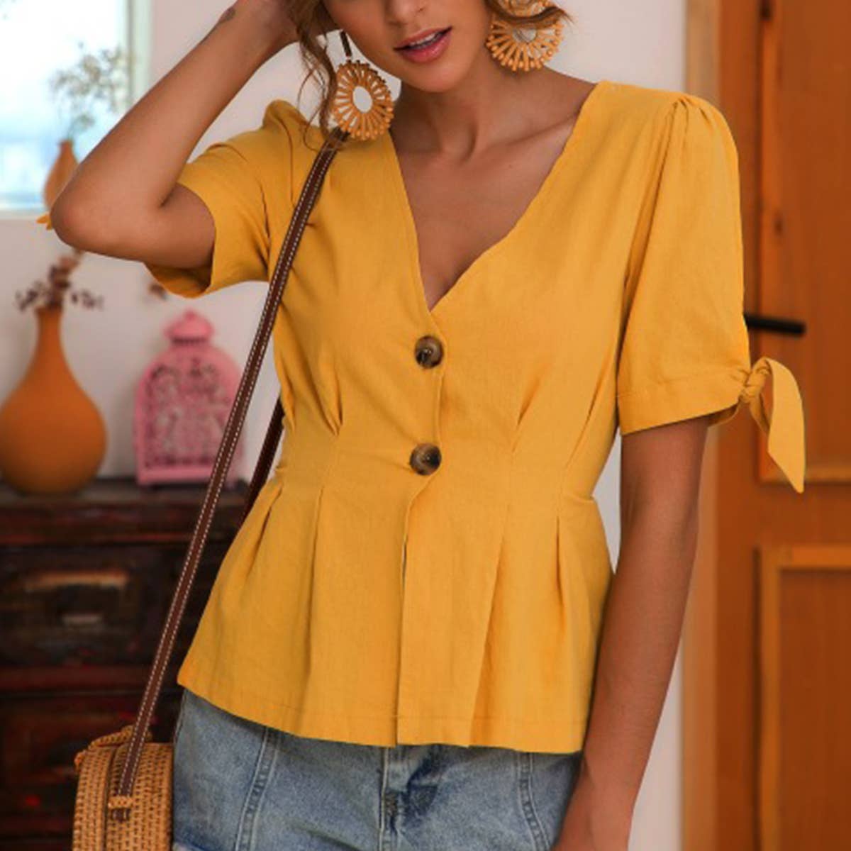 V-NECK STRAP WAIST BUTTON COTTON LINEN BLOUSE