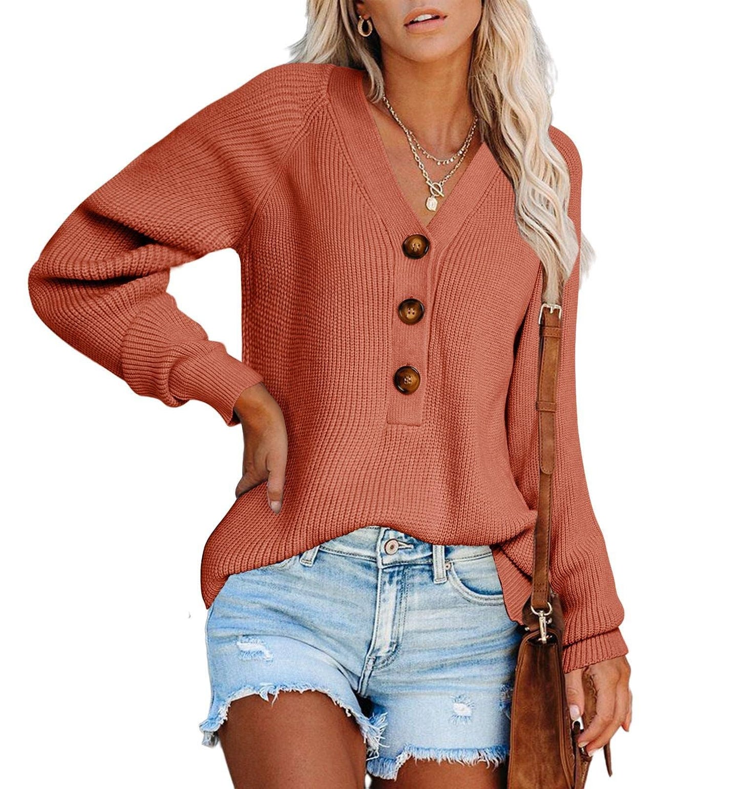 KNIT PULLOVER V-NECK SINGLE BREASTED SWEATER