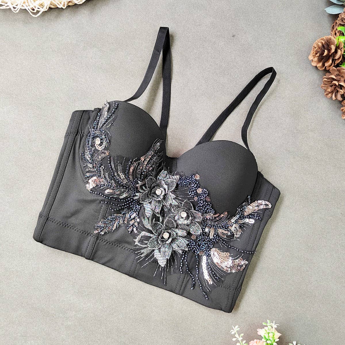 NEW EMBROIDERED FLOWER HERRINGBONE CORSET