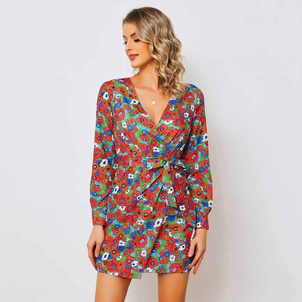 V-NECK LONG SLEEVE DRESS BOHO DRESS