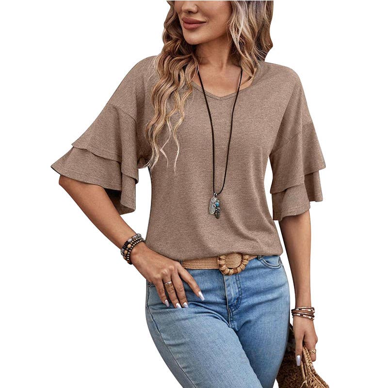 SOLID COLOR V-NECK DOUBLE-SLEEVED BAGGY BLOUSE