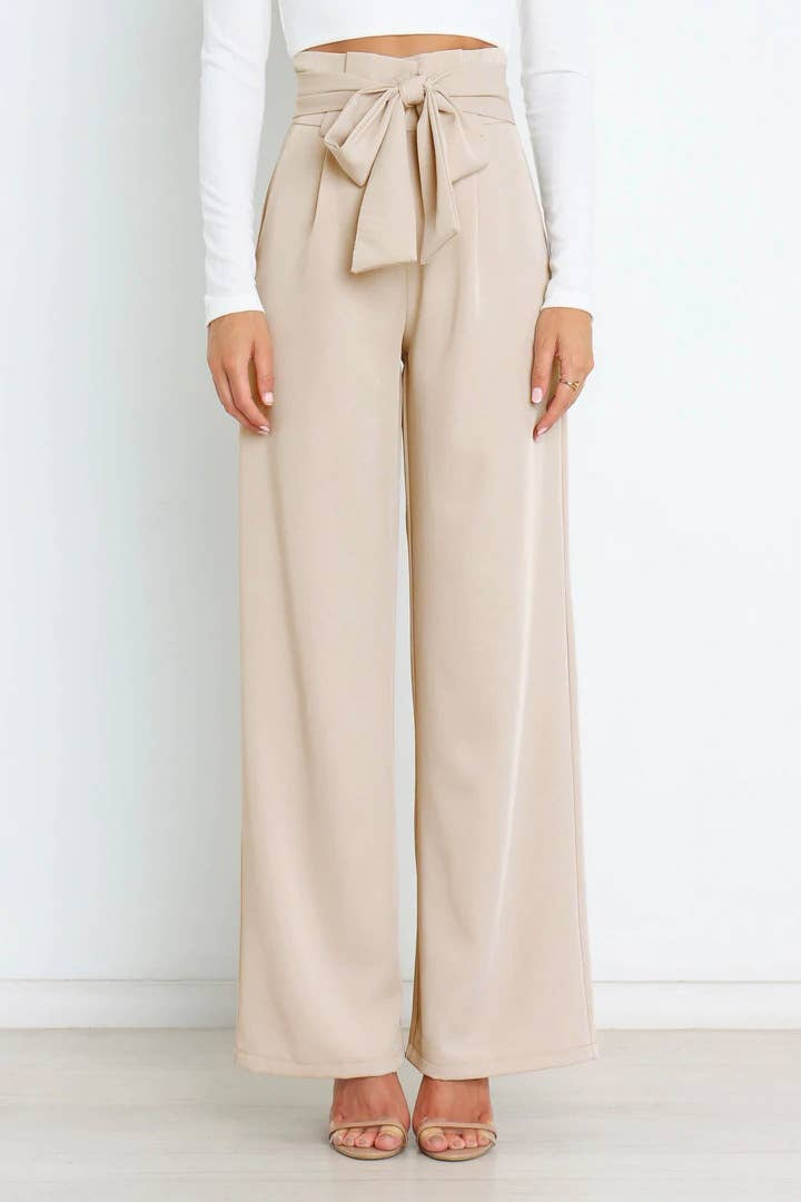 WOMEN TIED WAIST WIDE LEG OFFICE WORK PANTS