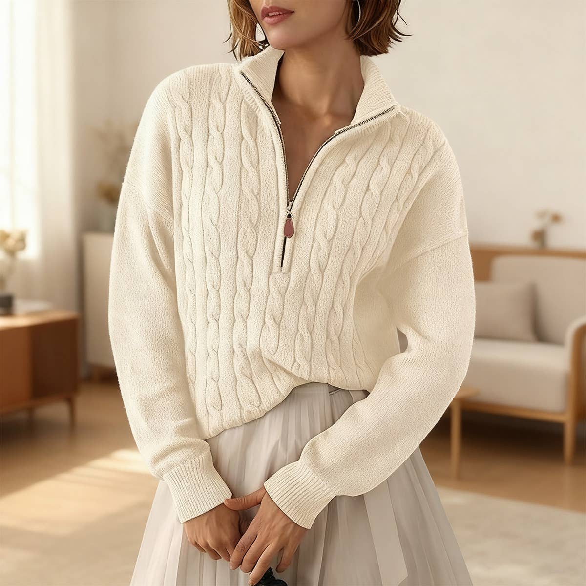 Semi-high neck zipper ribbed twist knit sweater