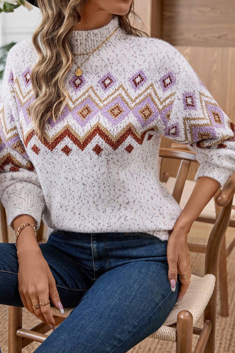 CWOSWL07419_CASUAL JACQUARD TURTLENECK KNIT PULLOVER SWEATER