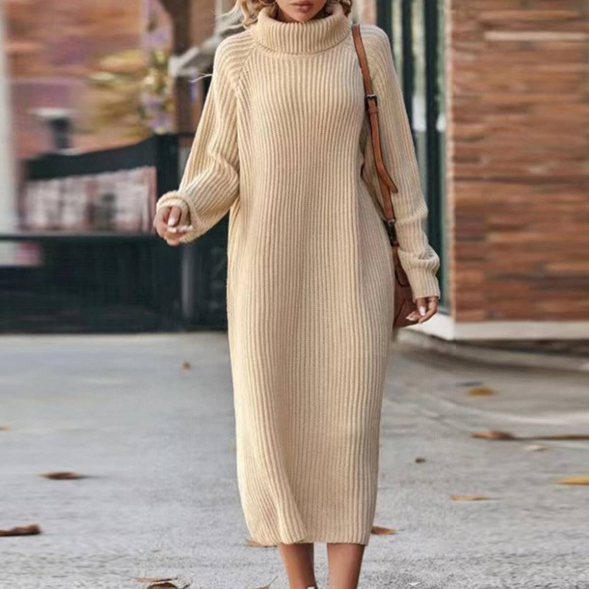 LONG SOLID COLOR FITTING TURTLENECK SWEATER DRESS