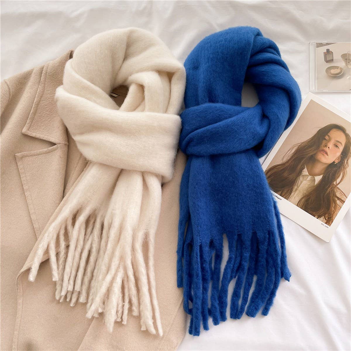Mohair Tassel Scarf for Winter, Unisex Long Shawl