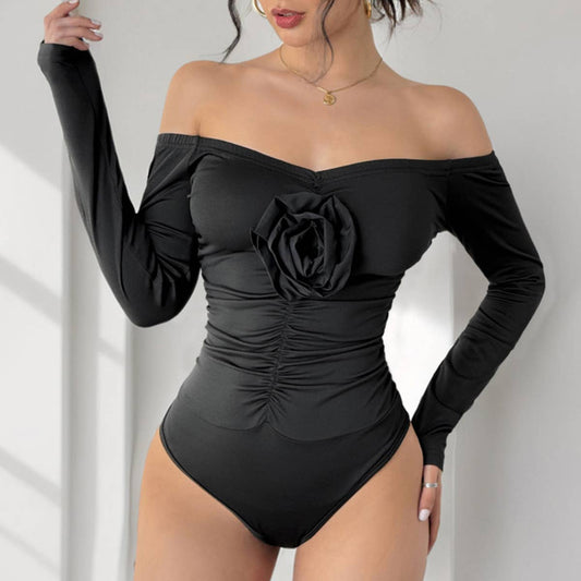 OFF-THE-SHOULDER SOLID COLOR FLORAL JUMPSUIT