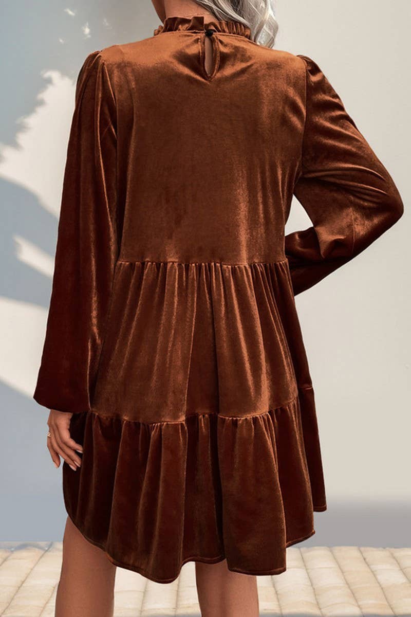 CWDSD6206_SOLID COLOR GOLD VELVET LONG SLEEVE DRESS