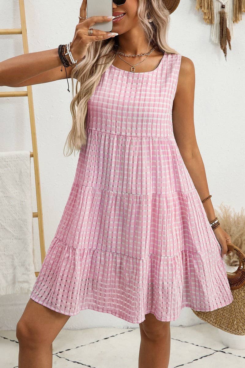 CWDSD8675_SLEEVELESS PLAID LOOSE FIT FLOWY DRESS