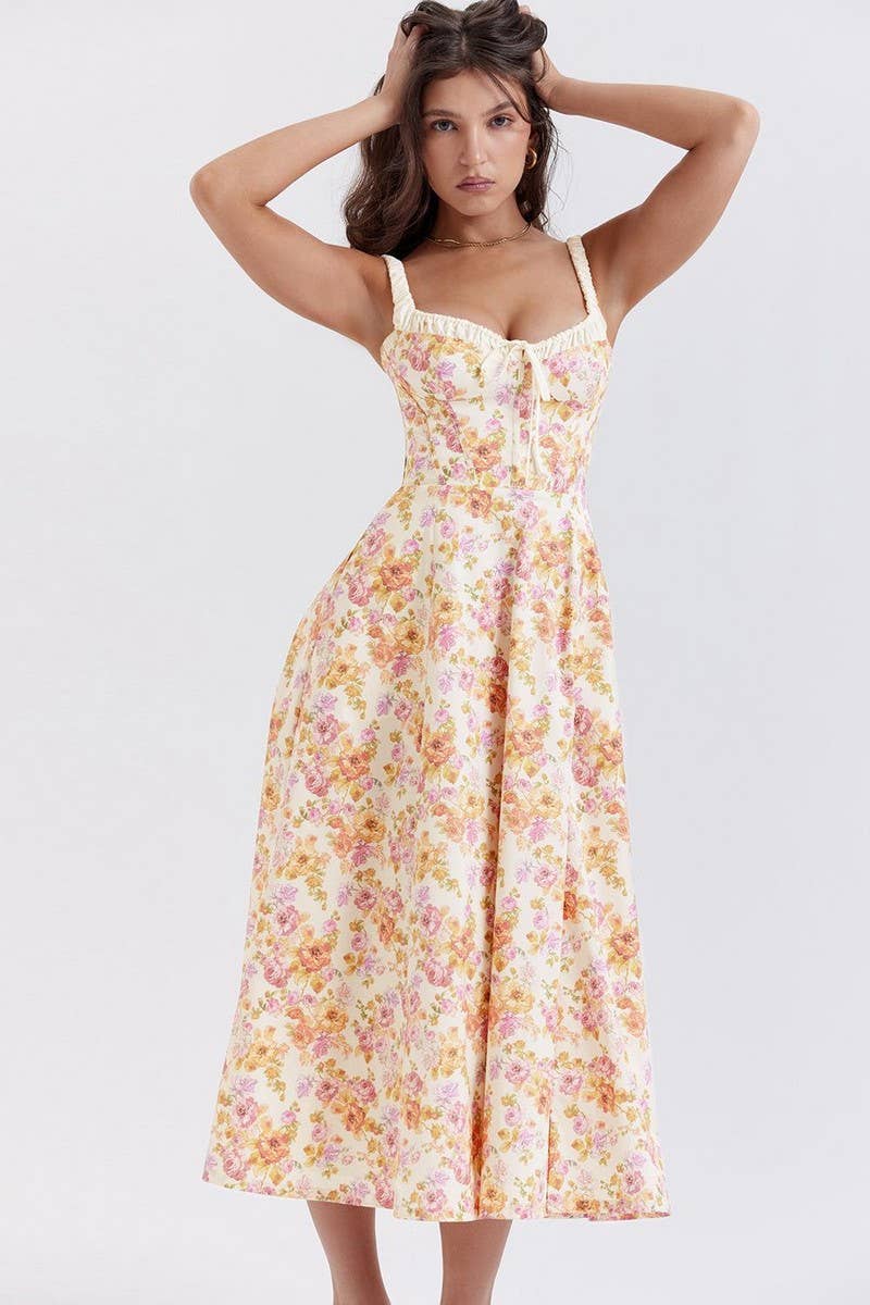 CWDMD5631_RUFFLED FLORAL SLIT SLING MIDI DRESS