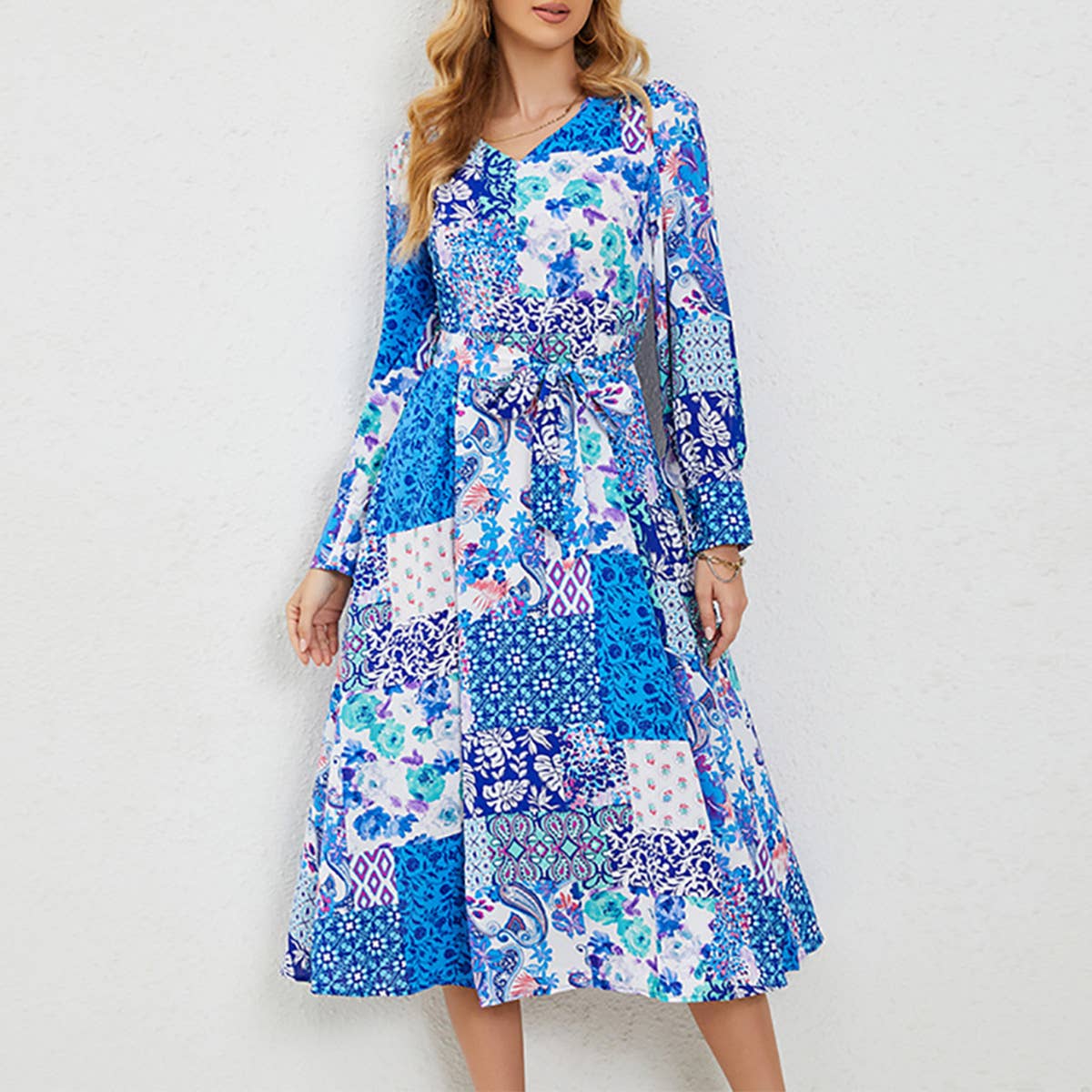 ABSTRACT PRINTED BELT A-LINE LONG-SLEEVED DRESS