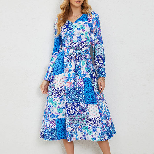 ABSTRACT PRINTED BELT A-LINE LONG-SLEEVED DRESS