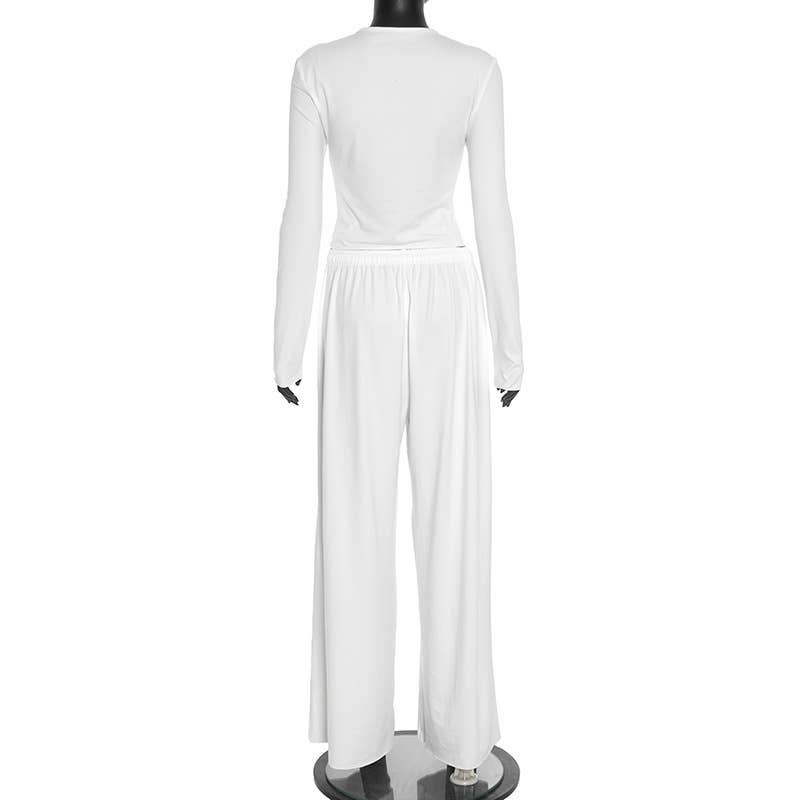 Round-neck solid crop top wide-leg pants set