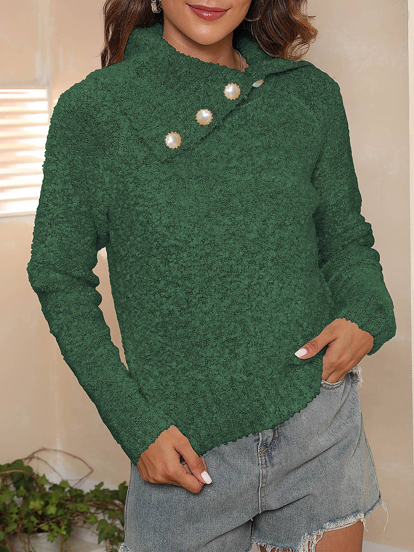 IRREGULAR LAPEL PEARL BUTTON PULLOVER SWEATER