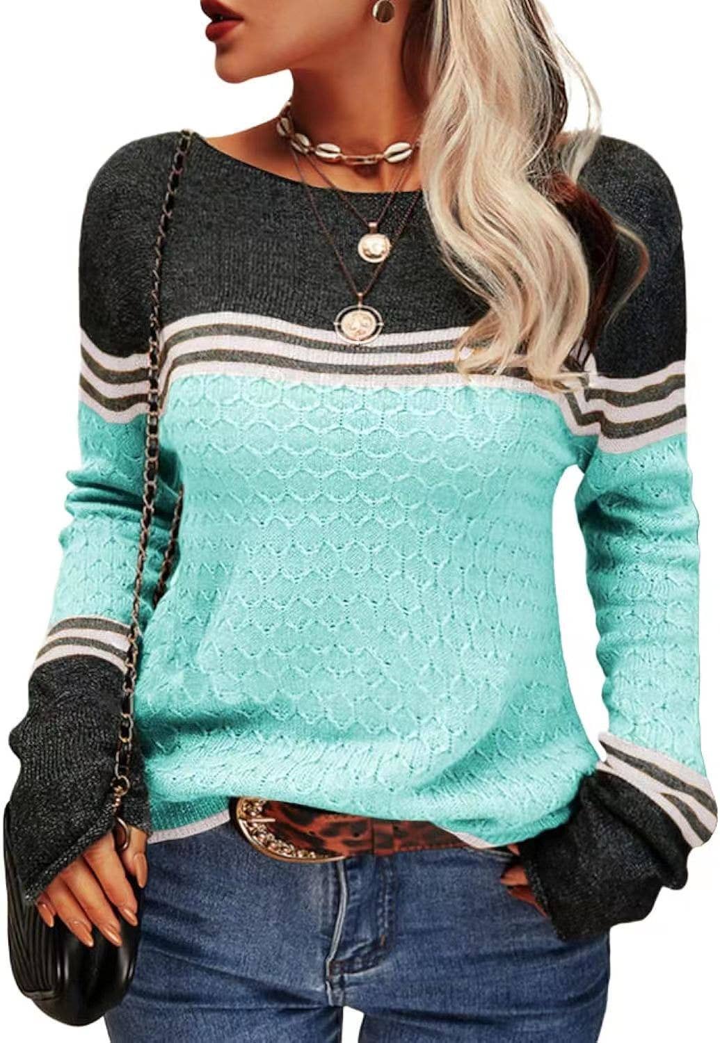 STYLISH CREW-NECK SWEATER WITH STRIPES AND COLORS