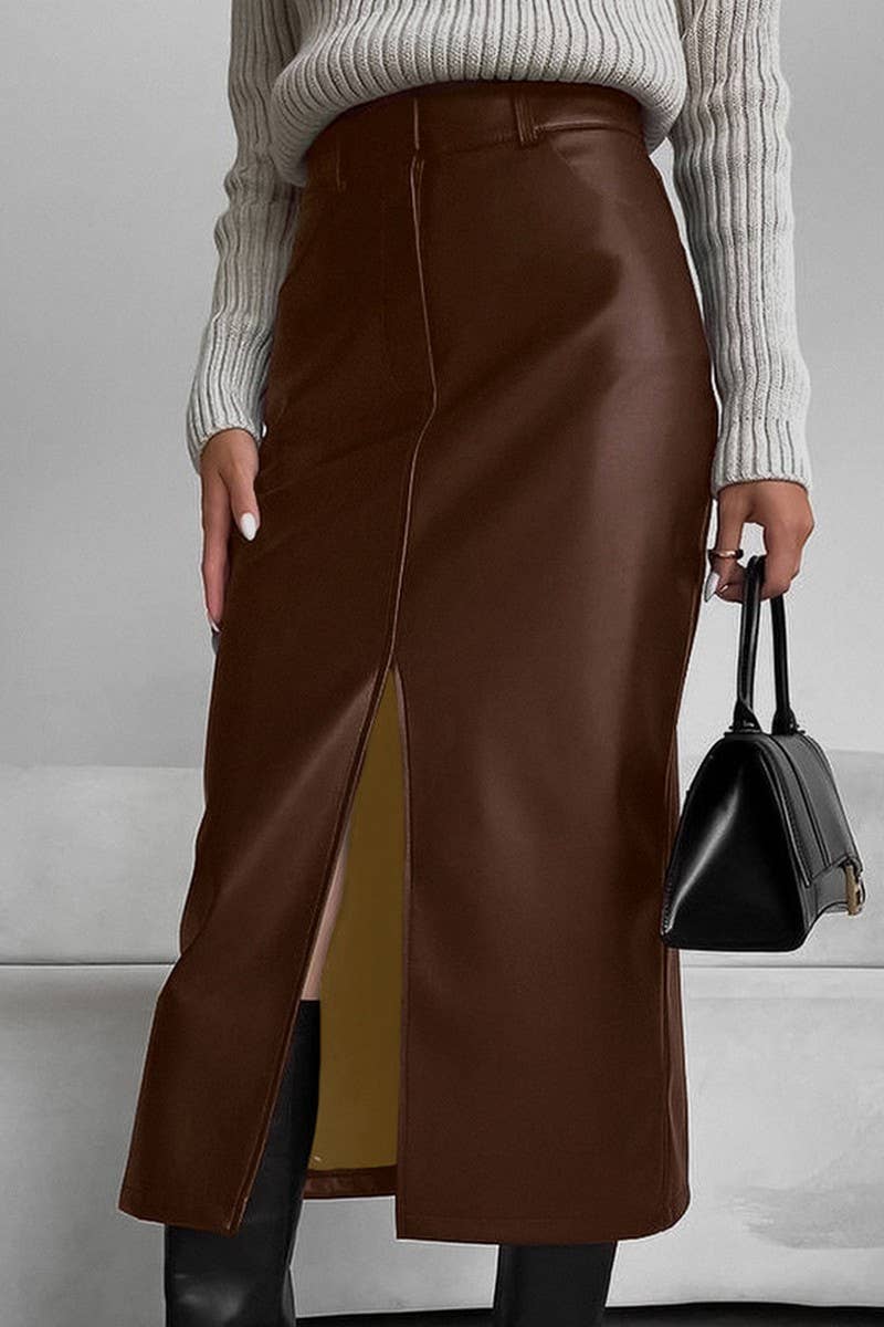 CWBMS0250_VINTAGE PLUS VELVET PU LEATHER SLIT SKIRT