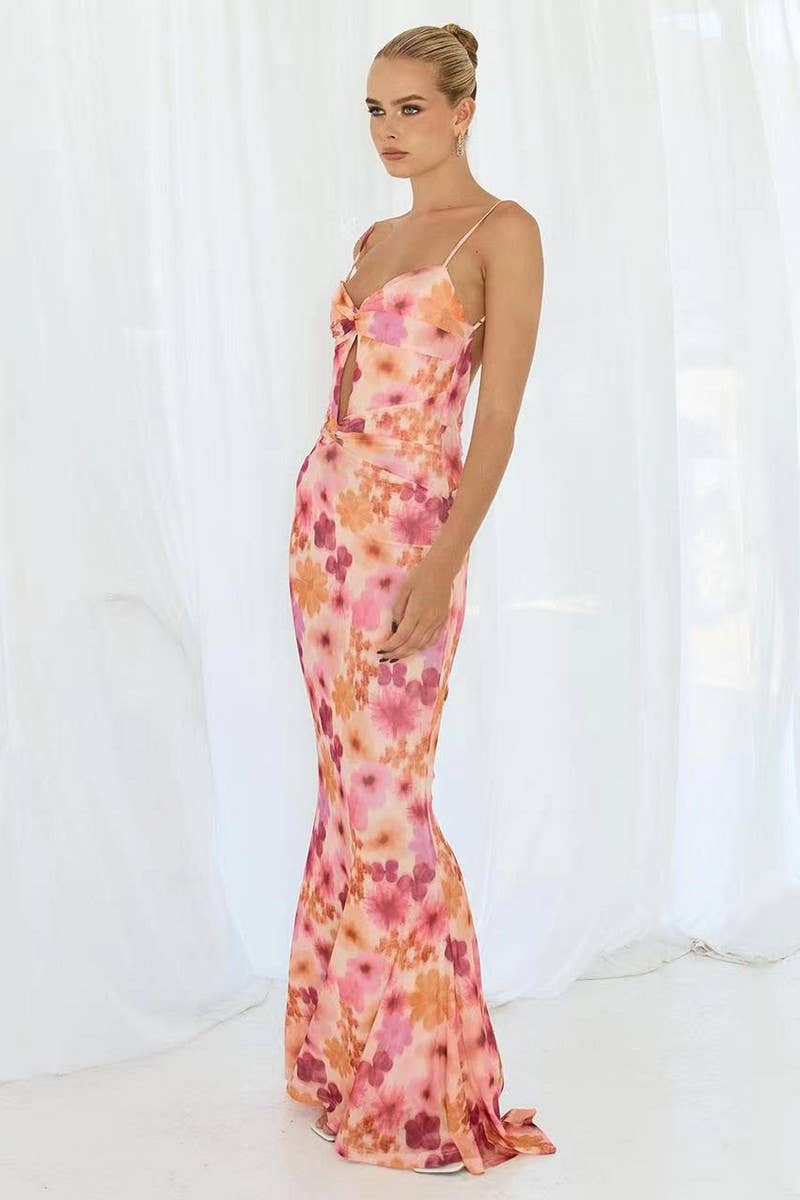 CWDMD5695_SPAGHETTI STRAP FLORAL MESH SEXY MAXI DRESS