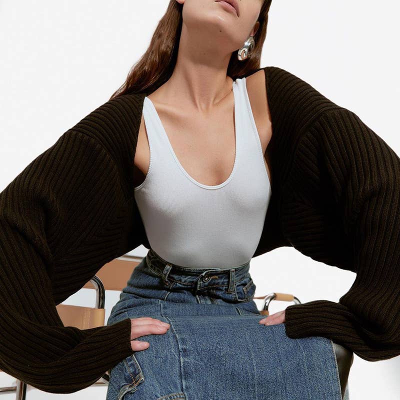 CWOSWL0621 Cable Crop Sexy Casual Open Front Sweater
