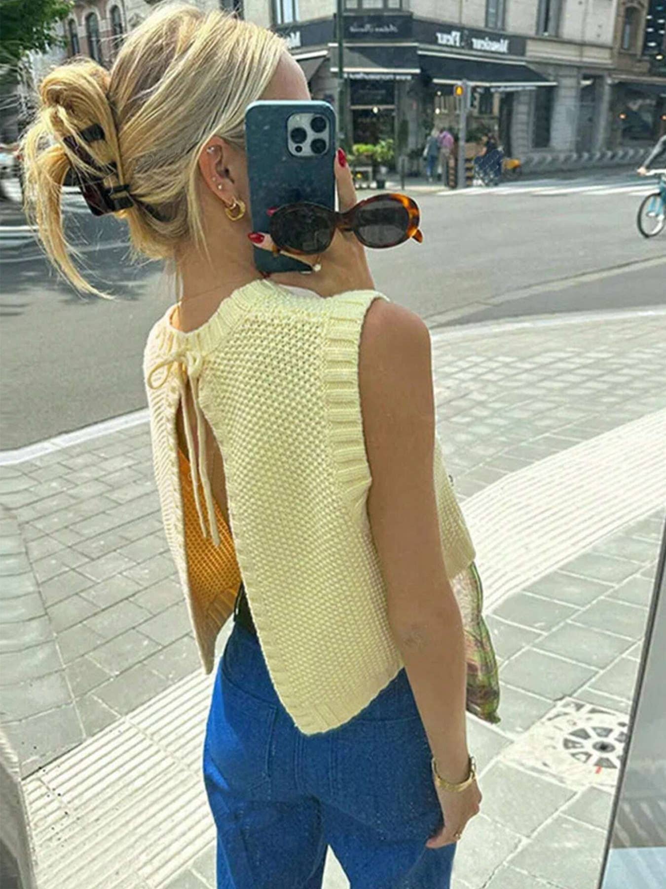 Knitted backless solid-color drawstring vest