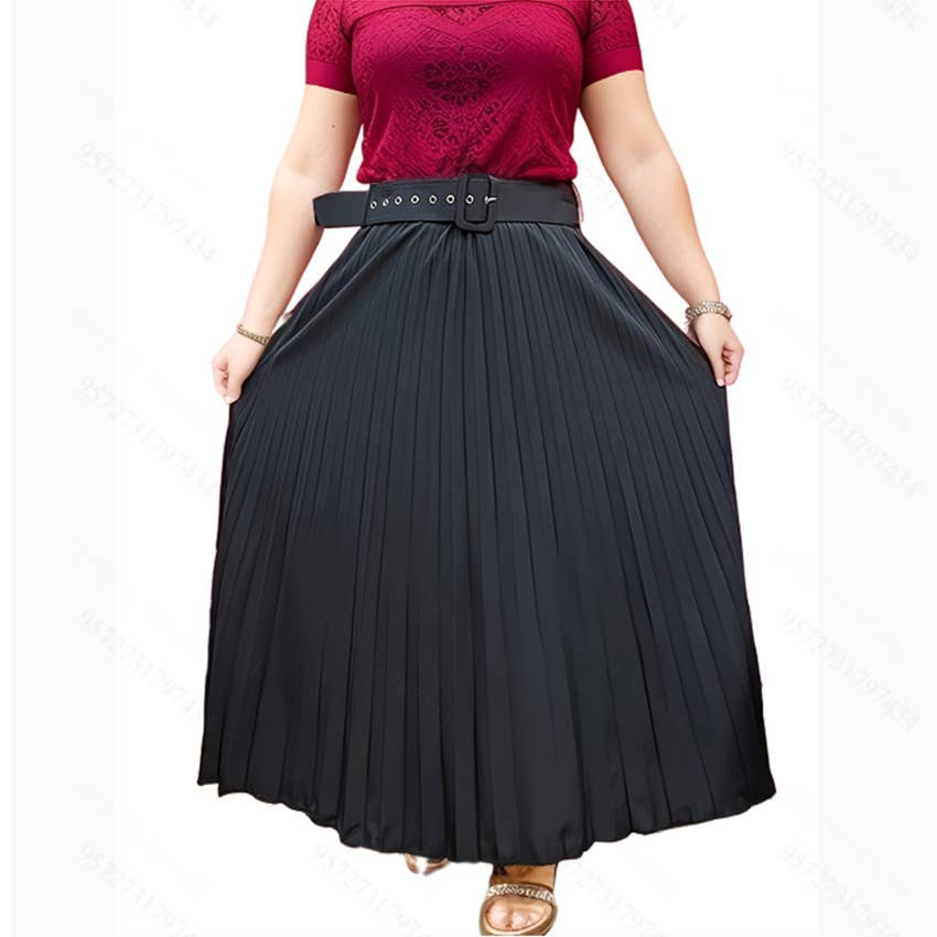 Solid-color fashionable belt pleated skirt
