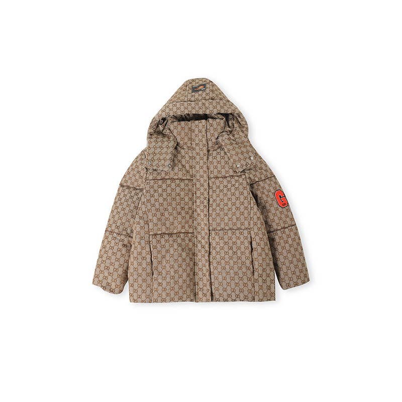 Stand-up collar short plaid hooded padded jacket