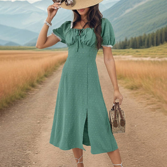 Square neck jacquard dress with slit