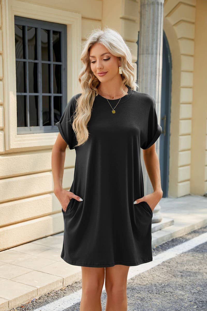 ROUND NECK POCKET SOLID SHORT SLEEVE DRESS_CWDSD2470