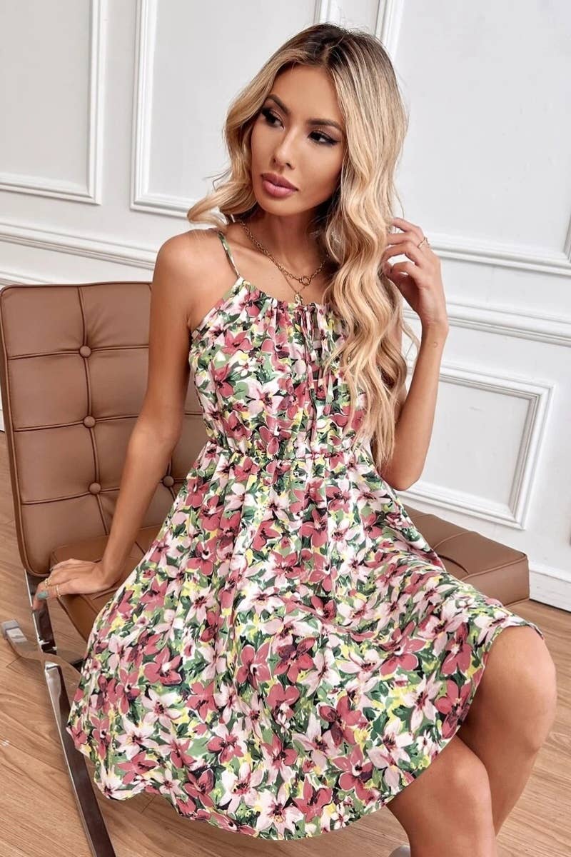 CWDHL0538_SUMMER SLEEVELESS PRINT HALTER DRESS SHORT