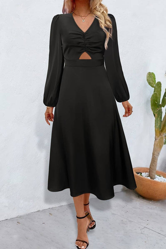 CWDMD5065_V-NECK ELEGANT COMMUTER FASHION RIPPED DRESS