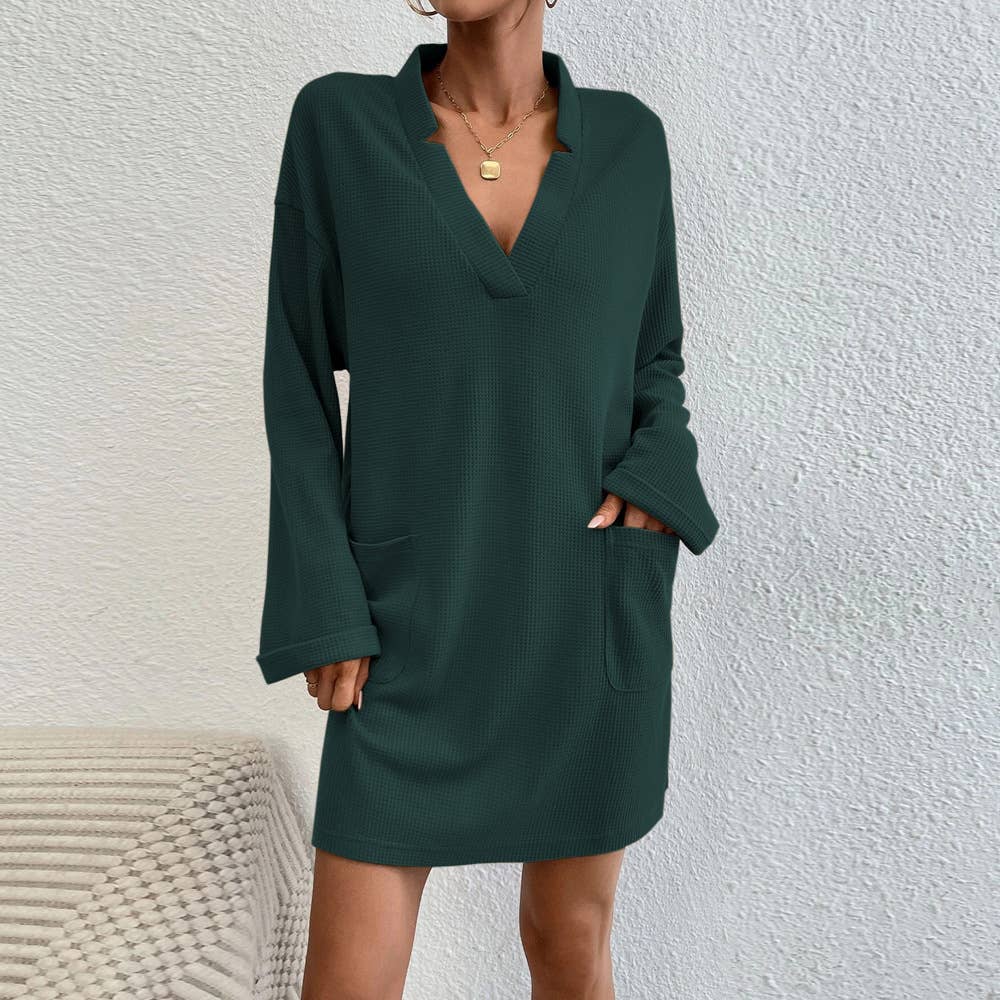 LOOSE CASUAL SEXY V-NECK POCKET LONG SLEEVE DRESS
